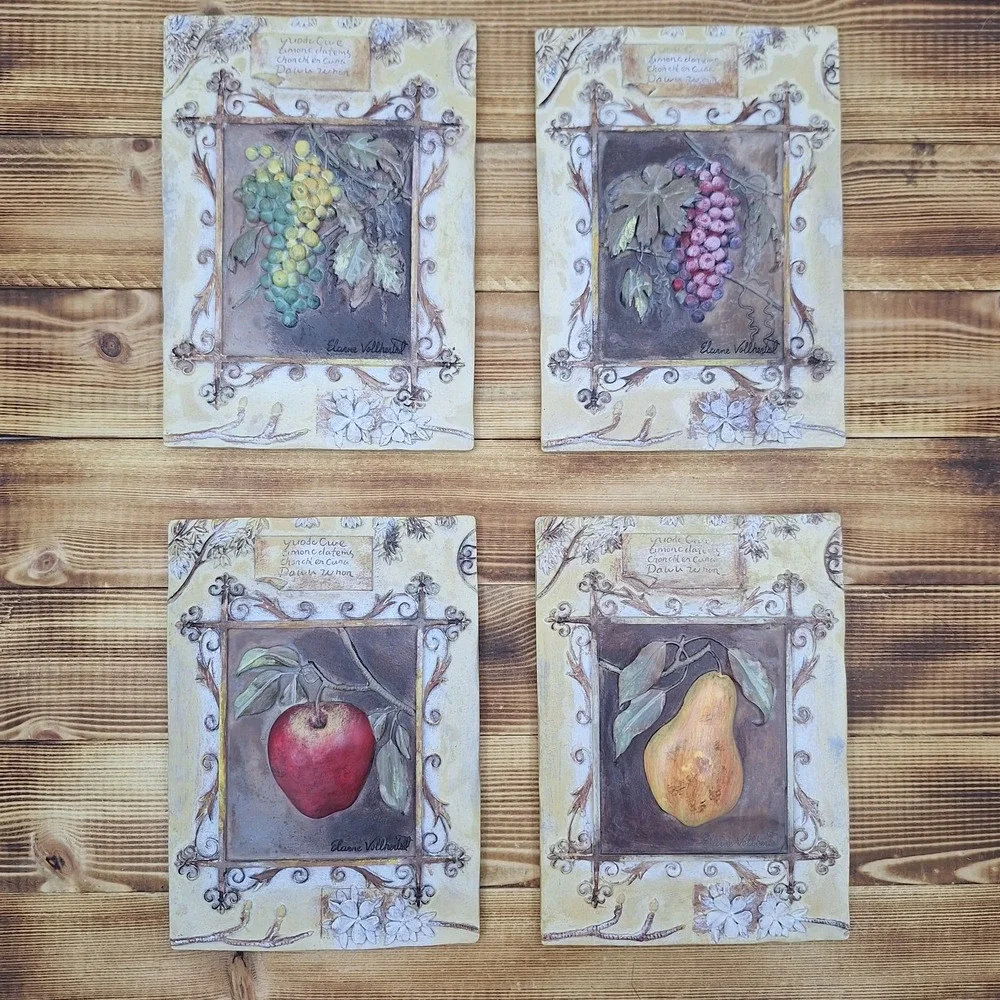 4 Elaine Vollherbst Resin‎ Plaques Wall Art Grapes Apple Pear Fleur De Lis Fruit